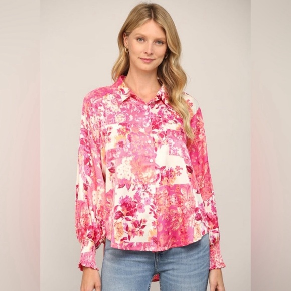 Tops - NWT Patchwork Print Button Down Shirt in Pink Multi